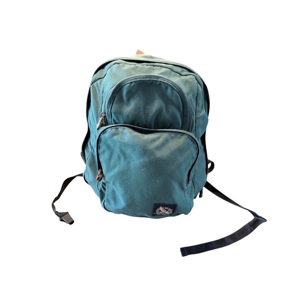 Vintage Eddie Bauer Green Nylon Canvas Backpack Leather Bottom Daypack Bag